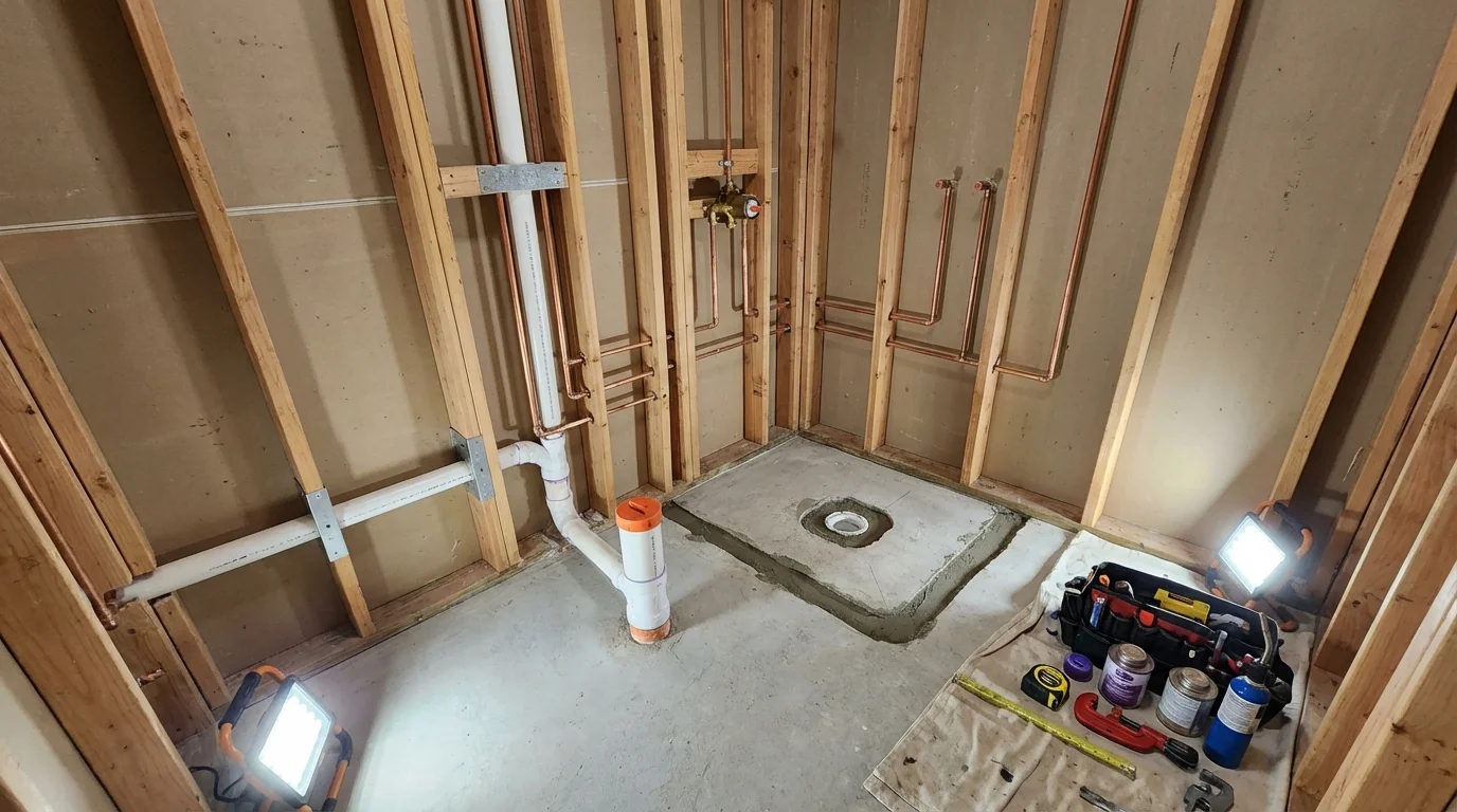 Bathroom rough-in plumbing during remodel by Johns Plumbing LLC in West Blocton