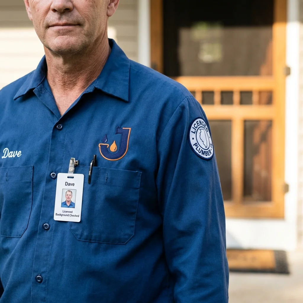 Licensed plumber showing ID badge in West Blocton, AL
