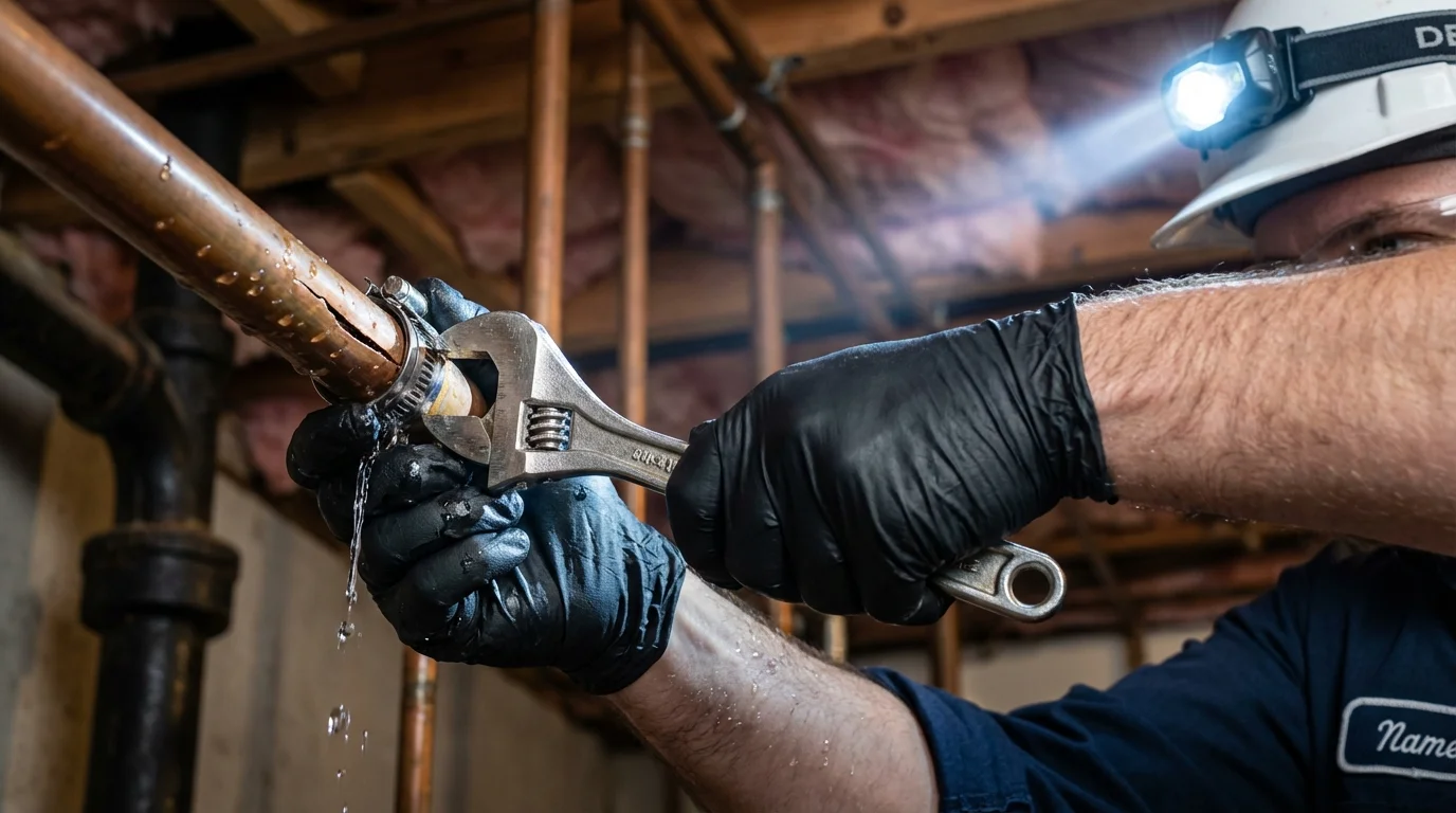 Emergency pipe clamp repair being performed by a Johns Plumbing LLC plumber in West Blocton