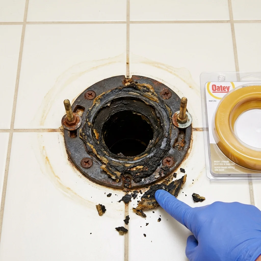 Failed wax ring showing water seepage at the base of a toilet in a West Blocton, AL home