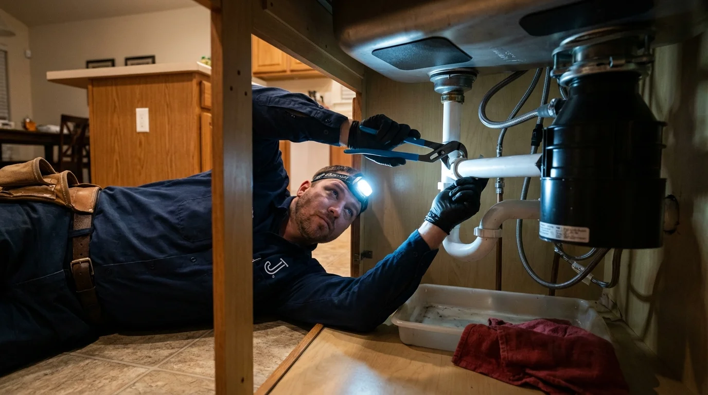 P-trap and supply line connections under a kitchen sink showing a common leak point in West Blocton, AL